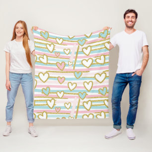 Couverture Polaire Cœurs Romantiques Mignons et Rayures Pastel Or