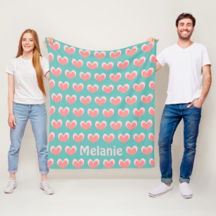 Couverture Polaire Coeurs roses mignons et Motif Turquoise Personnali