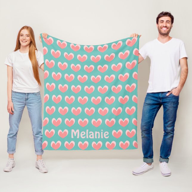 Couverture Polaire Coeurs roses mignons et Motif Turquoise Personnali (En situation)