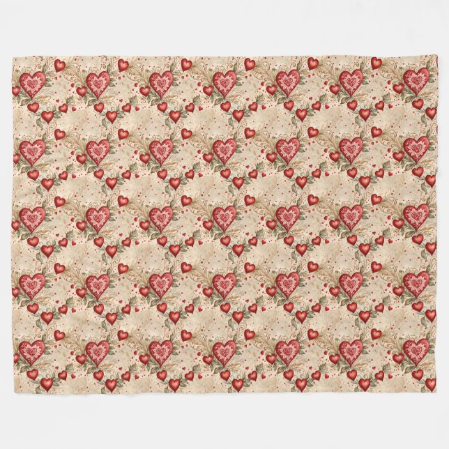 Couverture Polaire Cœurs rouges d'art populaire  (Devant (Horizontal))