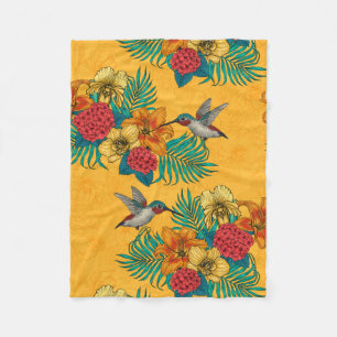 Couverture Polaire Colibris et bouquet tropical en jaune