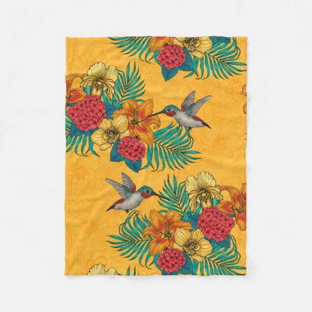 Couverture Polaire Colibris et bouquet tropical en jaune (Devant)