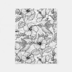 Couverture Polaire Colibris et fleurs d'hibiscus b&w