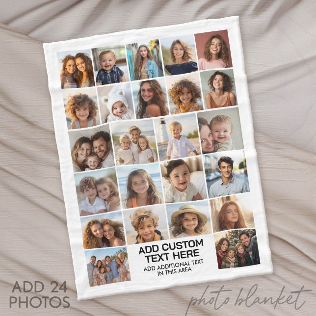Couverture Polaire Collage de 24 photos avec zone de texte (Custom Fleece Blanket with Photo Collage for Family and Friends)