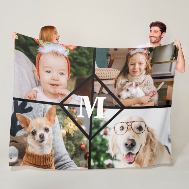 Couverture Polaire Collage de 4 photos personnalisées Monogramme roug (En situation)