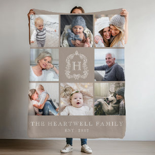 Couverture Polaire Collage de 8 photos de famille avec monogramme et 