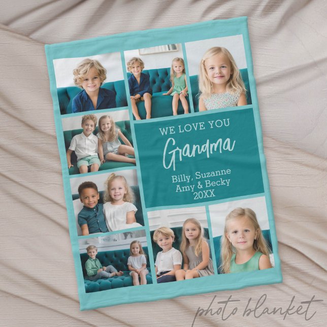 Couverture Polaire Collage de 8 photos sarcelle et blanc - Nous aimon (Custom Photo Blanket - Makes a Great Gift)