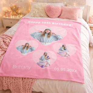 Couverture Polaire Collage de fille rose avec nom âge photo cœur pour