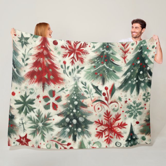 Couverture Polaire Collage de motifs de Noël rouge et vert Impasto (En situation)