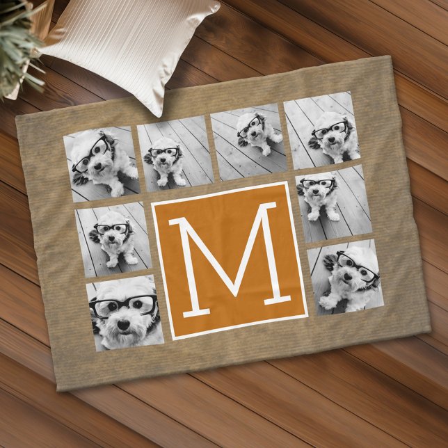 Couverture Polaire Collage de photos à monogramme - Kraft rustique et (Custom Fleece Blanket - Add Photos and Text)