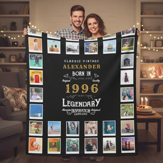 Couverture Polaire Collage de photos d'anniversaire 30 ans fils ou ma (1996 fleece photo blanket held by a couple in a room.)