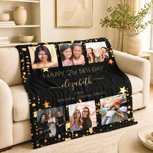 Couverture Polaire Collage de photos d'anniversaire noir or meilleure
