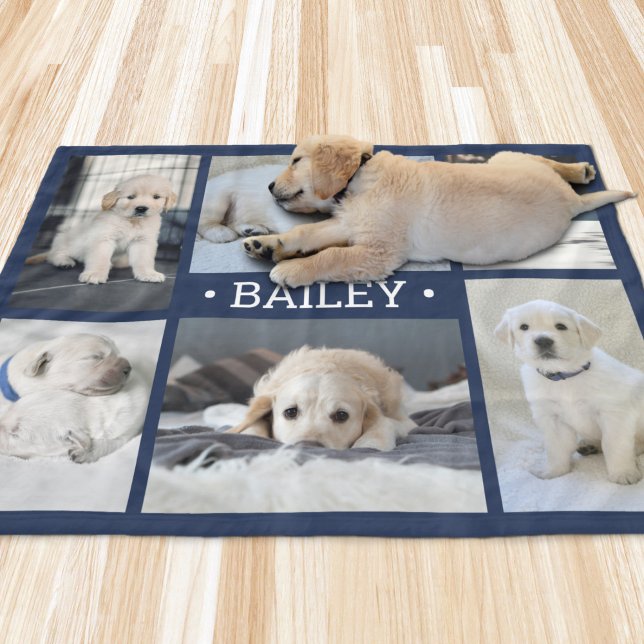 Couverture Polaire Collage de photos de chien Mignon Simple Bleu mari (Créateur téléchargé)