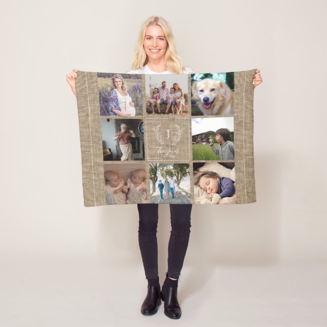 Couverture Polaire Collage de photos de famille 8 monogramme nom rust (En situation)