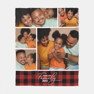 Couverture Polaire Collage de photos de famille rouge à carreaux de b