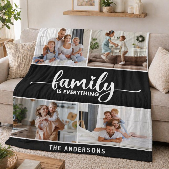 Couverture Polaire Collage de photos de typographie de script de fami (An elegant family photo keepsake blanket. Makes a great gift, especially for Mother's day.)