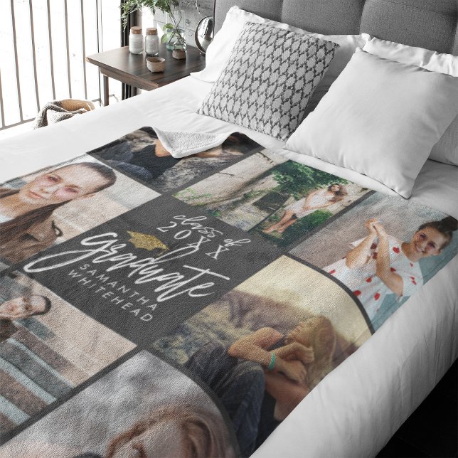 Couverture Polaire Collage de photos d'études supérieures Gold Partie (Celebrate your graduate's milestone with our cozy, custom fleece blanket. )