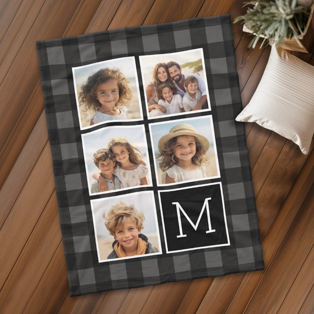 Couverture Polaire Collage de photos - Monogramme Plaid de Buffalo Gr (Personalized fleece blanket with 5 photos and a monogram)
