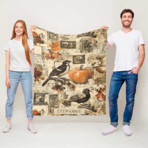 Couverture Polaire Collage d'éphémère d'automne vintage Oiseaux rus