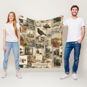 Couverture Polaire Collage Ephémère d'automne vintage Oiseaux rusti