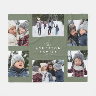 Couverture Polaire Collage familial 6 photo simple moderne vert sauge