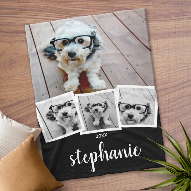 Couverture Polaire Collage photo 4 tendance Nom du script noir blanc (Personalized Fleece Blanket)
