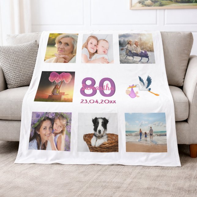 Couverture Polaire collage photo d'anniversaire 80 ans blanc (Créateur téléchargé)