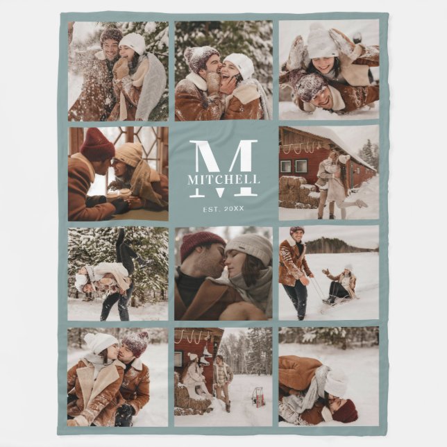Couverture Polaire Collage photo de famille moderne Monogramme Sage V (Devant)