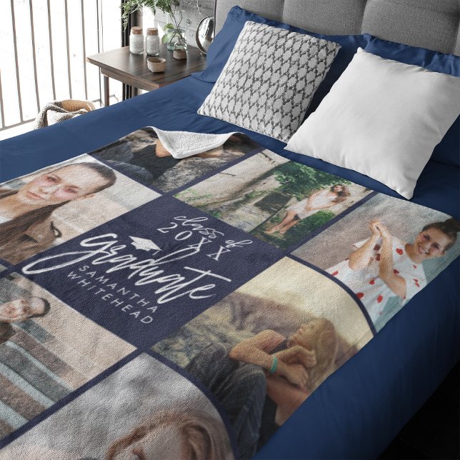 Couverture Polaire Collage photo de grade Navy Blue (Celebrate your graduate's milestone with our cozy, custom fleece blanket. )
