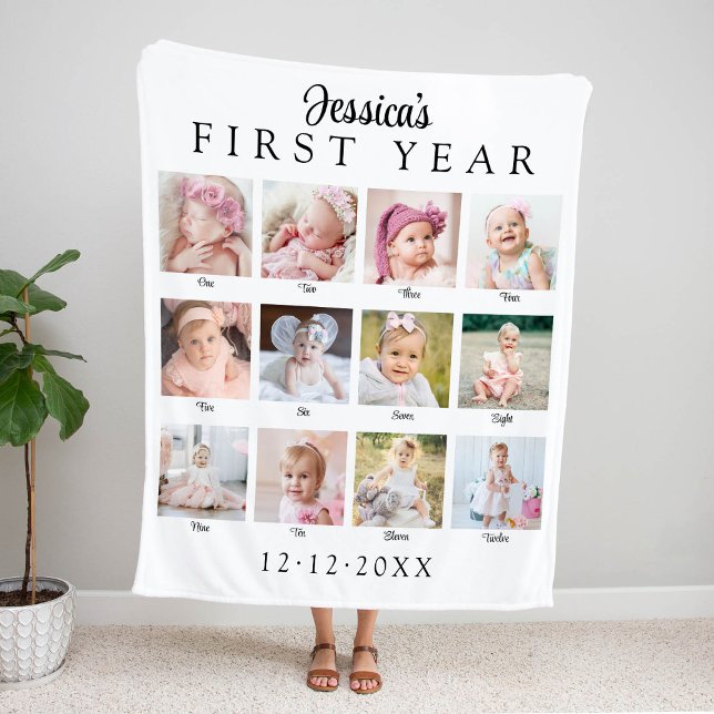 Couverture Polaire Collage photo de la première année de bébé (Créateur téléchargé)
