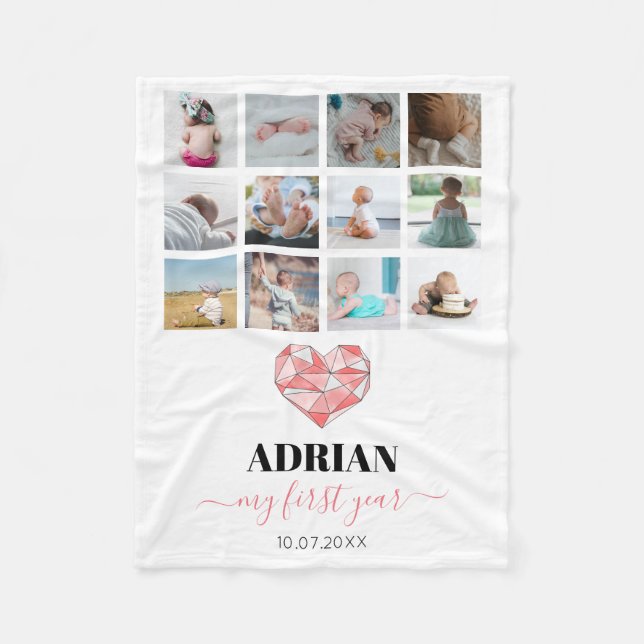 Couverture Polaire Collage photo de la première année du bébé au coeu (Devant)