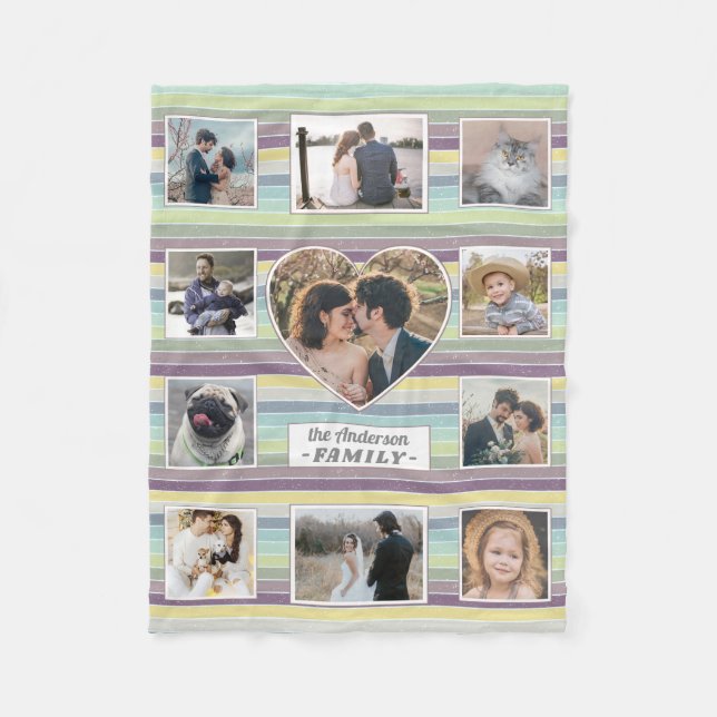 Couverture Polaire Collage Photo Famille 11 Custom Heart Retro Stripe (Devant)