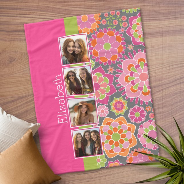 Couverture Polaire Collage photo fleurs funky rose orange chaud (Personalized Fleece Blanket)