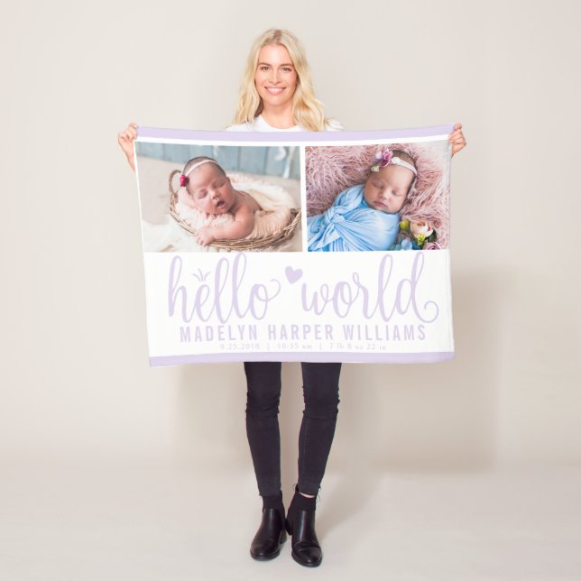 Couverture Polaire Collage photo lavande violet Hello World moderne (En situation)