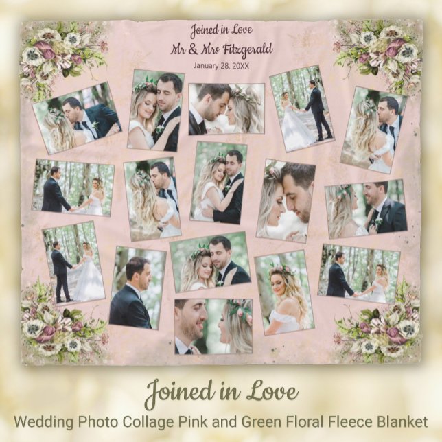 Couverture Polaire Collage photo mariage rose + conservation florale (Wedding Photo Collage Pink and Green Floral Keepsake Fleece Blanket)