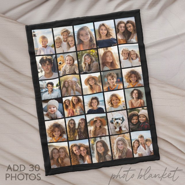 Couverture Polaire Collage photo moderne minimal noir 30 (Custom Fleece Blanket with Photo Collage for Family and Friends)