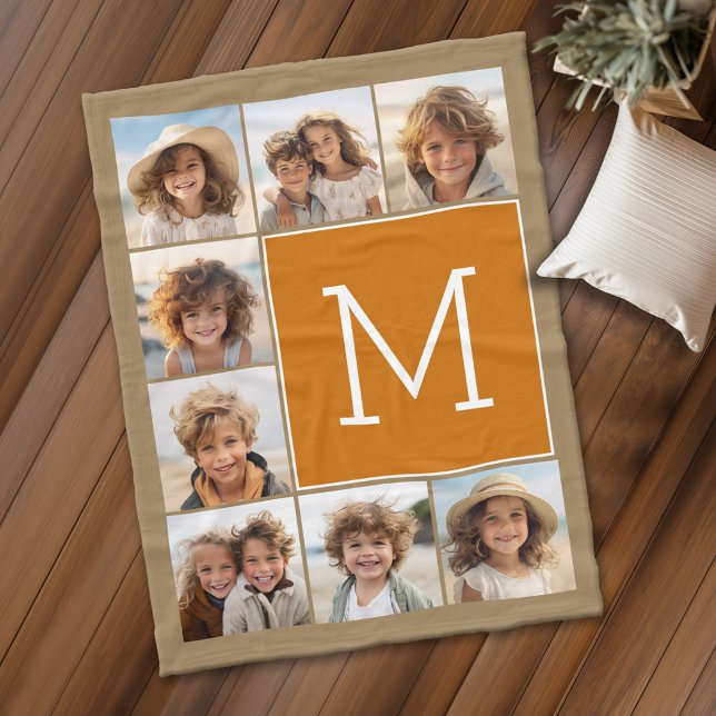 Couverture Polaire Collage photo monogramme kraft rustique et orange (Personalized fleece blanket with 8 photos and a monogram)