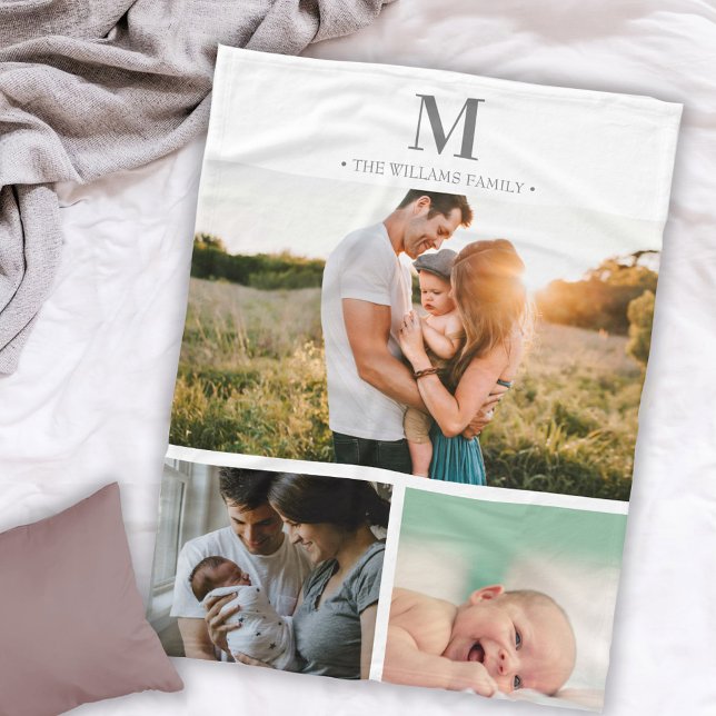 Couverture Polaire Collage photo monogrammé moderne Gris & blanc (Créateur téléchargé)