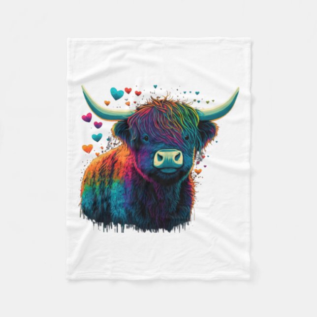Couverture Polaire Colorful Highland Cow Valentines Day Farm Cow  (Devant)