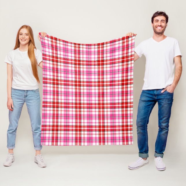 Couverture Polaire Conception à carreaux tartan blanc rouge rose  (En situation)