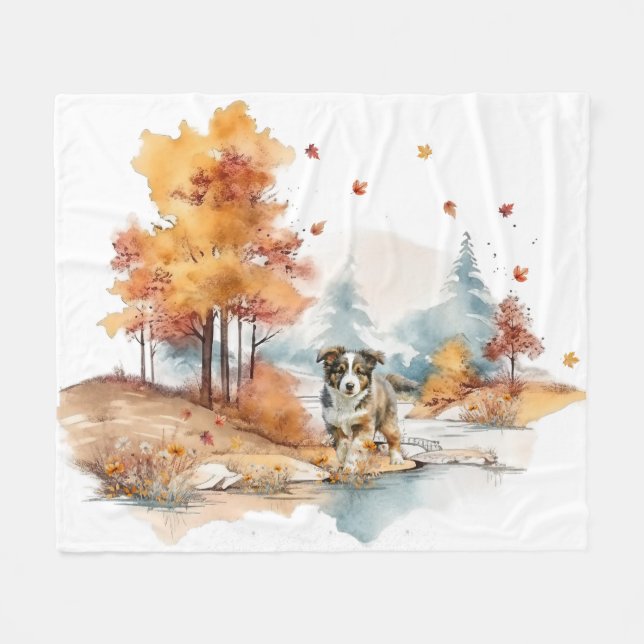 Couverture Polaire Conception de chien d'automne à l'aquarelle - Berg (Devant (Horizontal))
