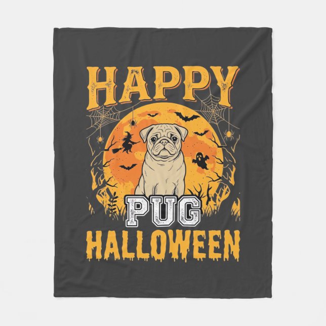Couverture Polaire Conception de chien effrayant Halloween Pug heureu (Devant)