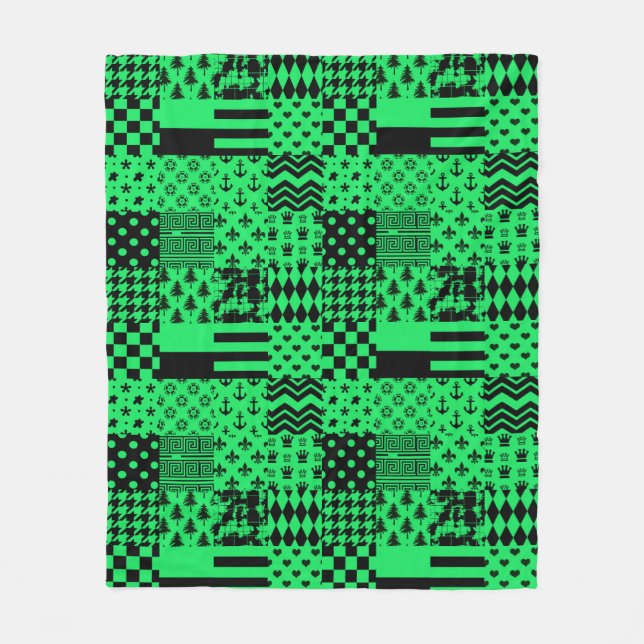 Couverture Polaire Conception de patchwork de motifs mixtes vert noir (Devant)