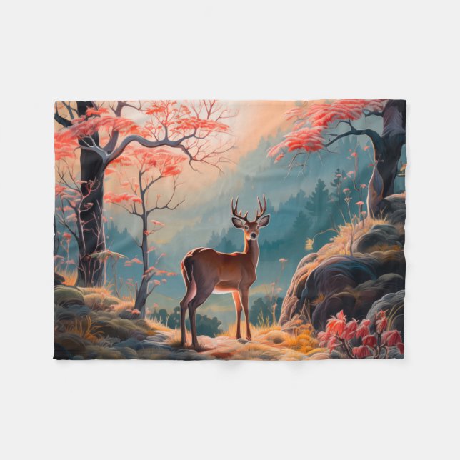 Couverture Polaire Conception de scène forestière enchantée avec cerf (Devant (Horizontal))