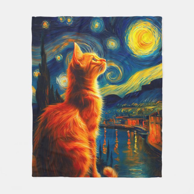 Couverture Polaire Contemplative Ginger Cat | Starry Night Sky (Devant)