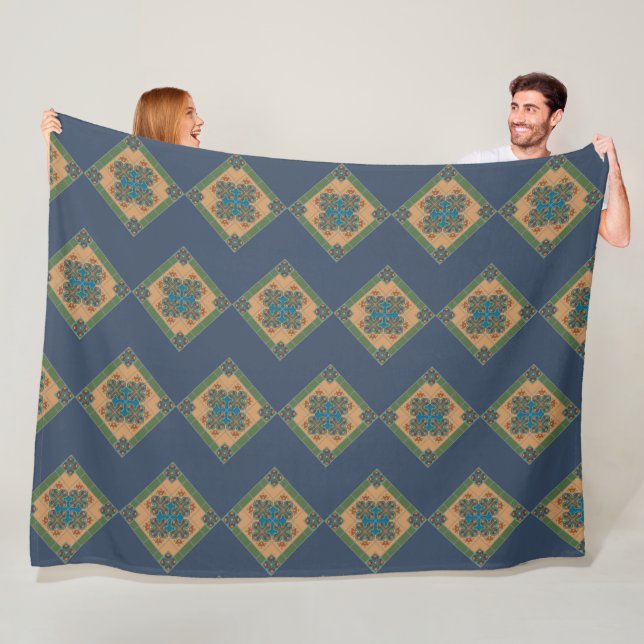 Couverture Polaire Cool moderne Boho bleu et vert Motif Rhombus (En situation)