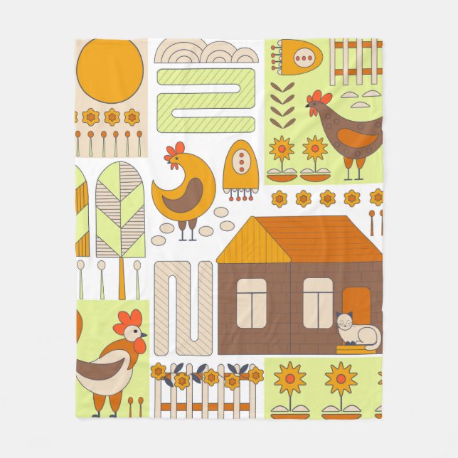 Couverture Polaire Coq et deux poules, oeufs, fleurs, maison, drawin (Devant)