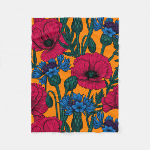 Couverture Polaire Coquelicots rouges et fleurs de maïs bleues sur or
