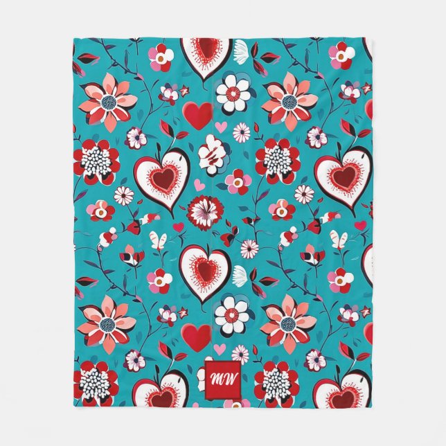 Couverture Polaire Coquette, floral et coeur turquoise monogramme rou (Devant)