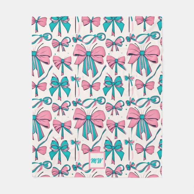 Couverture Polaire Coquette rose et arcs turquoises monogramme (Devant)